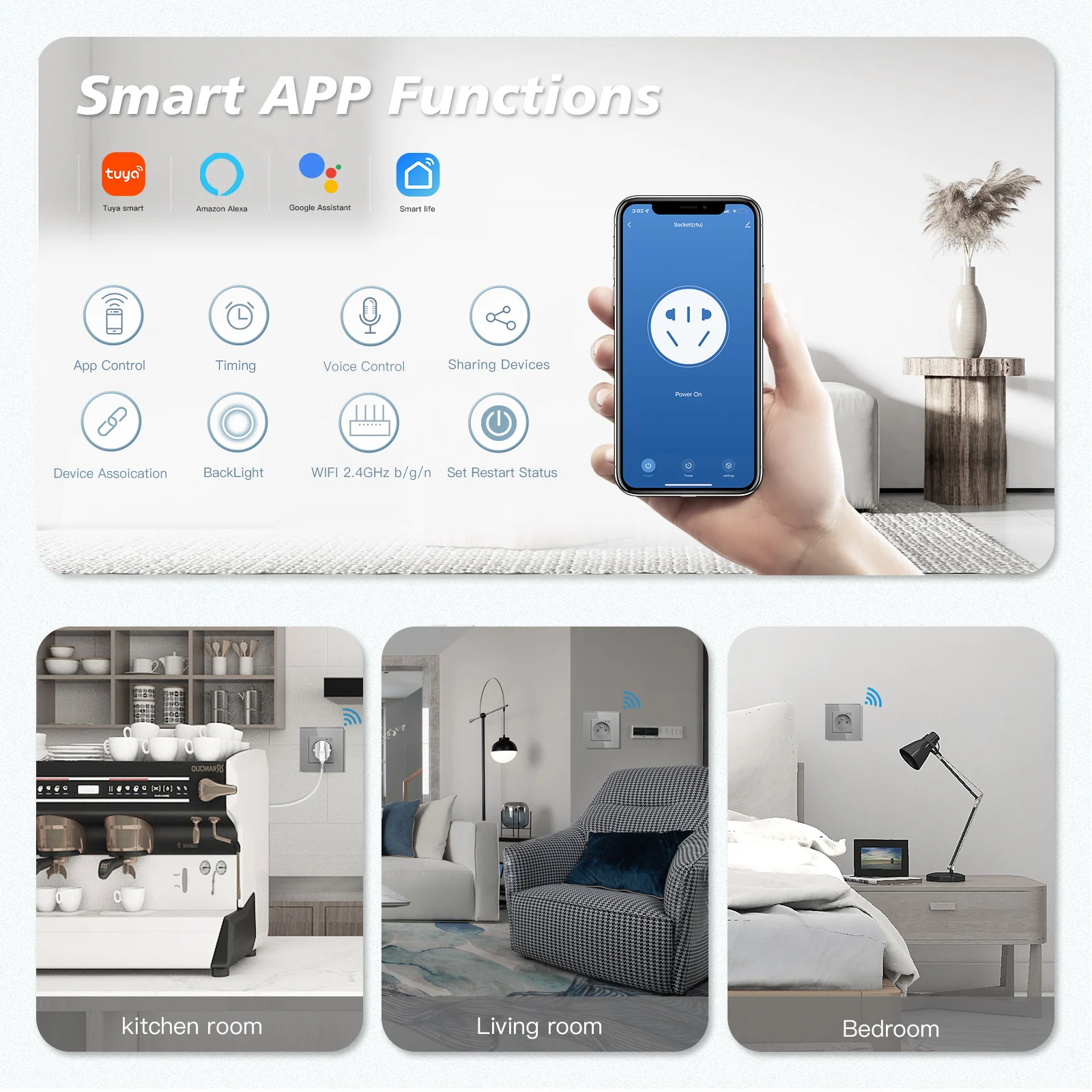 BSEED Single Wifi Wall Sockets Double Smart Sockets Google Smart Life App Control Alexa Triple Sockets FR Standard