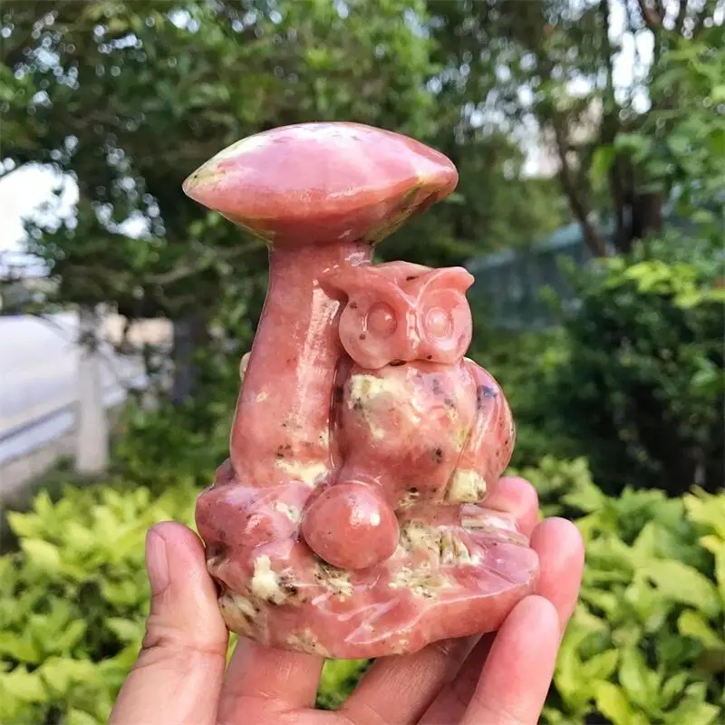 Natural Peach Blossom Tourmaline Mushroom Owl Figurine Carved Crafts Decor Quartz Healing Crystal Statue Home Decoration 1pcs