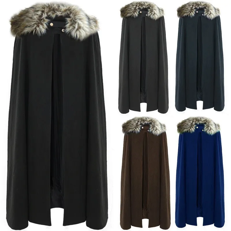 Men's Medieval Viking Winter Cloak Thick Collar Larp Knight Cosplay Cape Coat Gothic Women Retro Mantle Halloween Costume 2023