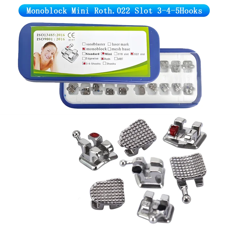 20pcs/Box Dental Bracket Orthodontic Braces MIM Monoblock Split Metal Mesh Base Mini Roth/MBT 0.022 Hooks 3-4-5 Dentistry