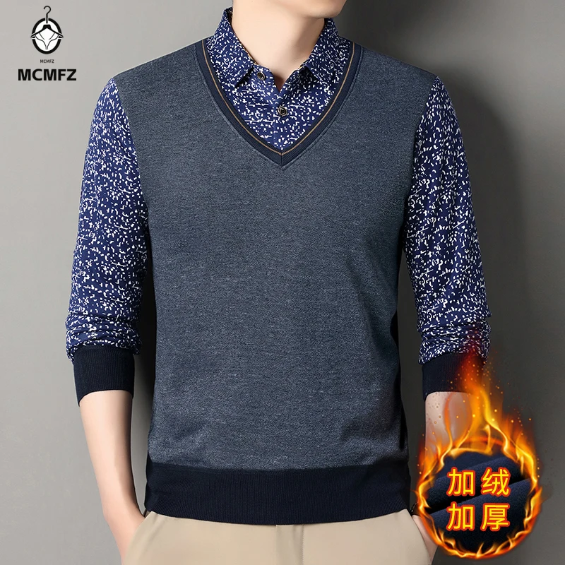 Elastic Fabric Long Sleeve Pullover Men Faux Two Piece Printed Collar V Neck Stitching Cold Season Warm Knit Shirt