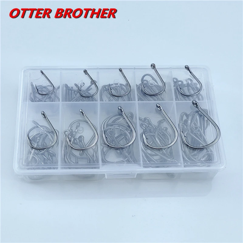 100pcs/box Fishhooks 3#-12# 10series High Carbon Steel Barbed In Fly Fishing Hook Worm Pond Fishing Bait Holder Jig Hole Hook