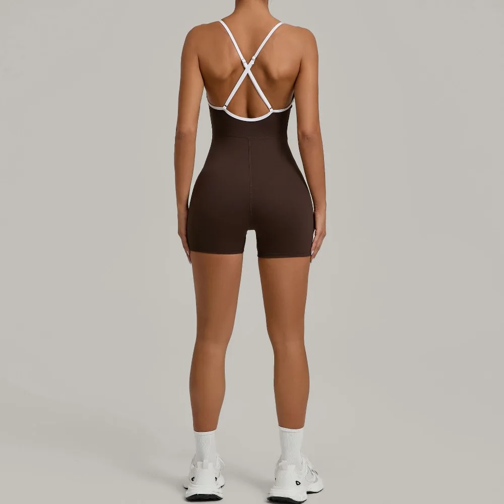 Summer Women's Sports Jumpsuit Shorts Cross Shoulder Straps Hip Lift Tight One-piece Yoga Set Outdoor Running Gym Fitness Suits