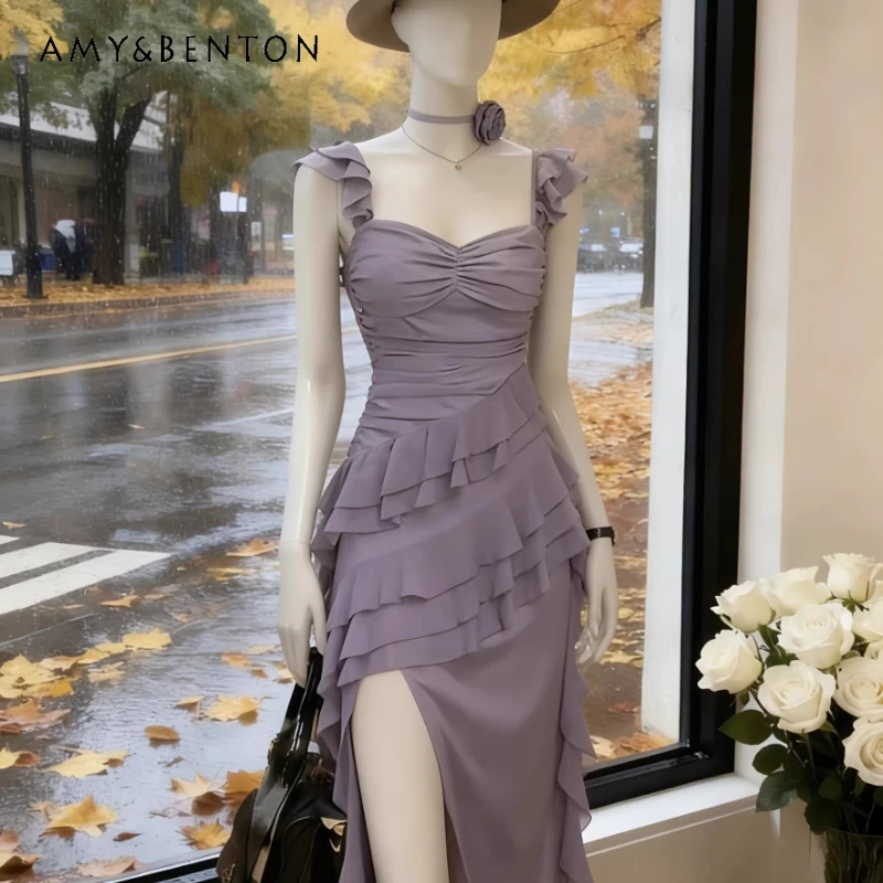 

Resort Style Purple Sexy Sleeveless Women's Sling Dress 2026 Summer Irregular Ruffle Slimming Temperament Long Dresses Ladies