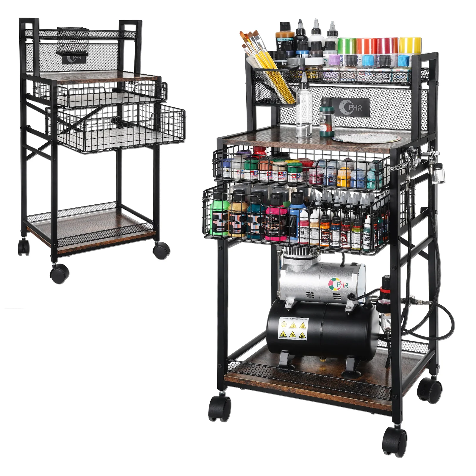 OPHIR 5 Tiers Airbrush Paint Storage Cart with 2 AirBrush Holders, with Lockable Wheels, 2 Drawers, 1 Paint Brush Holder MG042