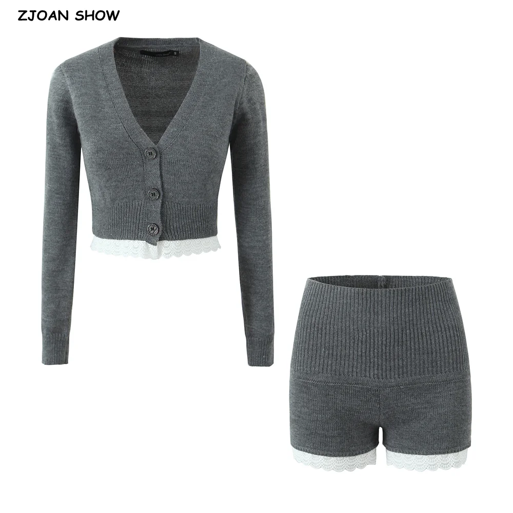 2 pieces 1 set Gray Spliced White Lace Hem V neck Open Buttons Knitted Cardigan Crop Sweater Elastic Waist Mini Skirt Suits