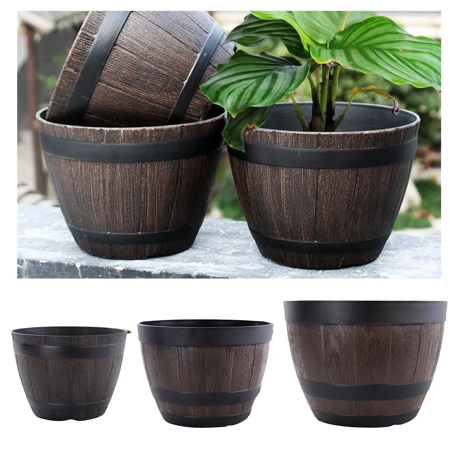 Resin Barrel Planter Round Garden Flower Pot Decor Plant Container Brown 3 Sizes
