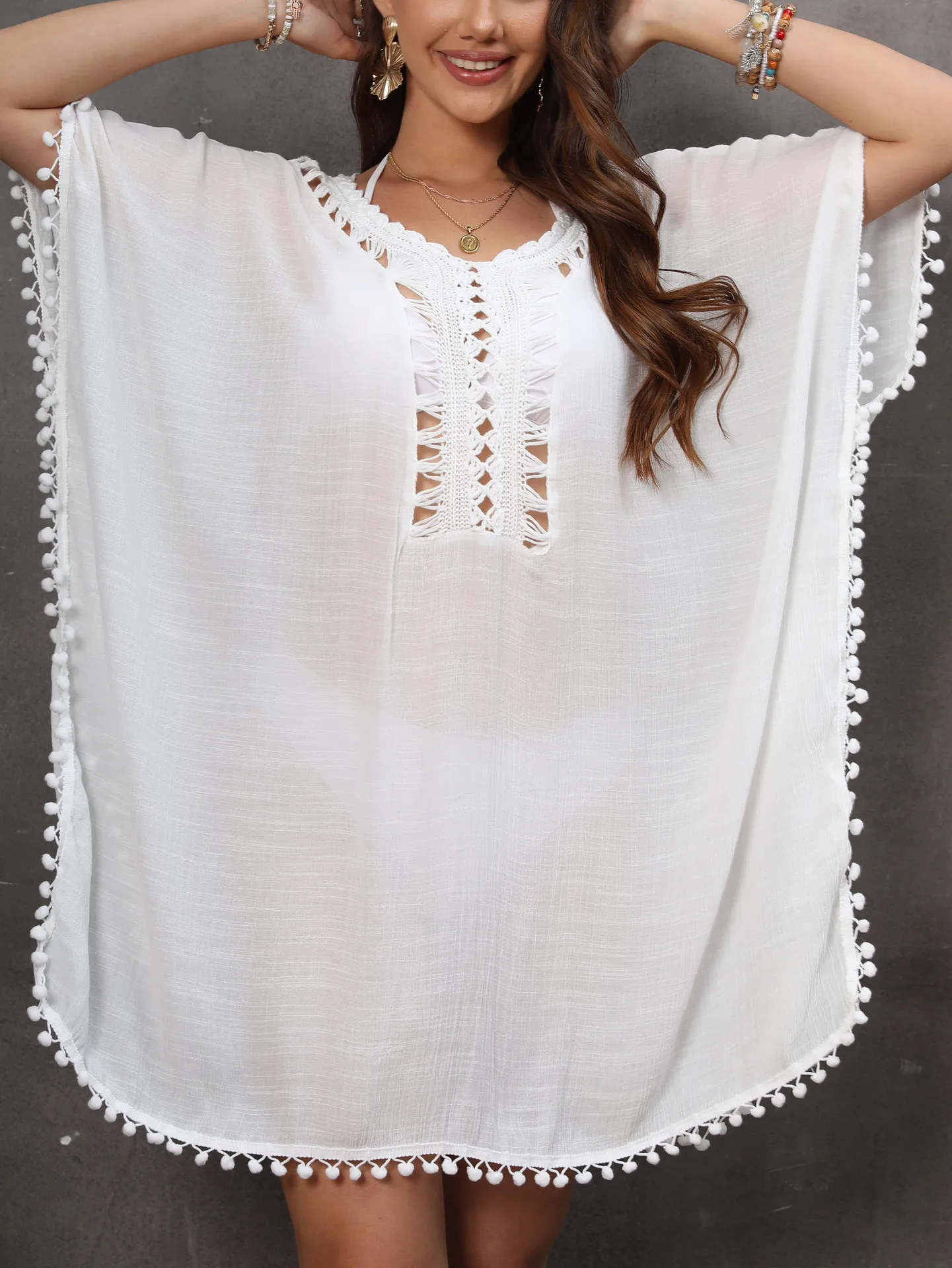 Plus ขนาดผู้หญิง Beachwear บิกินี่ Cover Up ชุดถักมือ Hollow Out คอ Fairball Tassels สูงแยกชุดว่ายน้ํา Coat Tunic