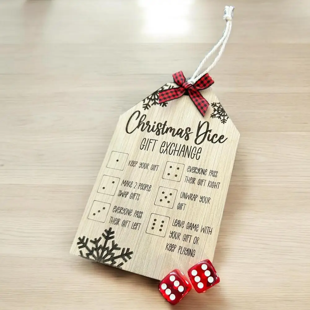 Wooden Gift Exchange Ornament Wooden Christmas Gift Exchange Dice Game Ornament with Bow Xmas Present Board Hanging Decoration