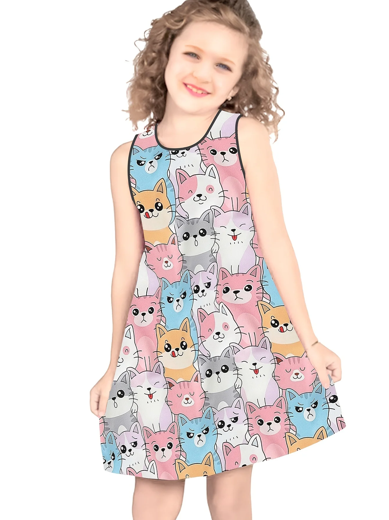 2024 Kids Little Girls Sleeveless Over Knee Dress Girl Dress Lovely Style Cartoon Cats 3d Print Daily Casual Cute Dress Clothing