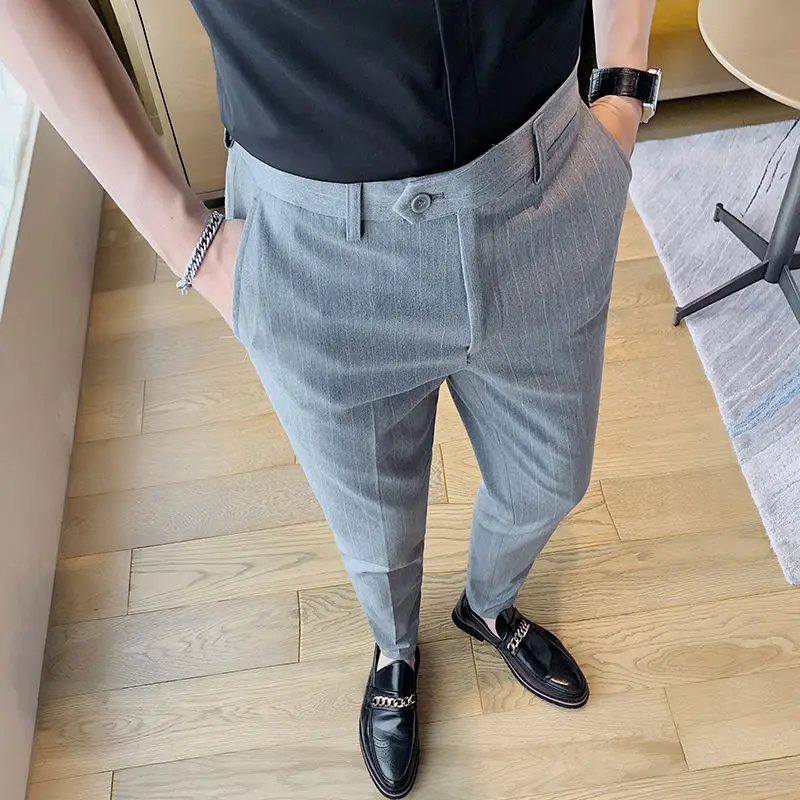 2022 Spring New Men\'s Striped Trousers Stretch Feet Casual Pants Dark Gray High-quality Formal Suit Pants Pantalones Hombre