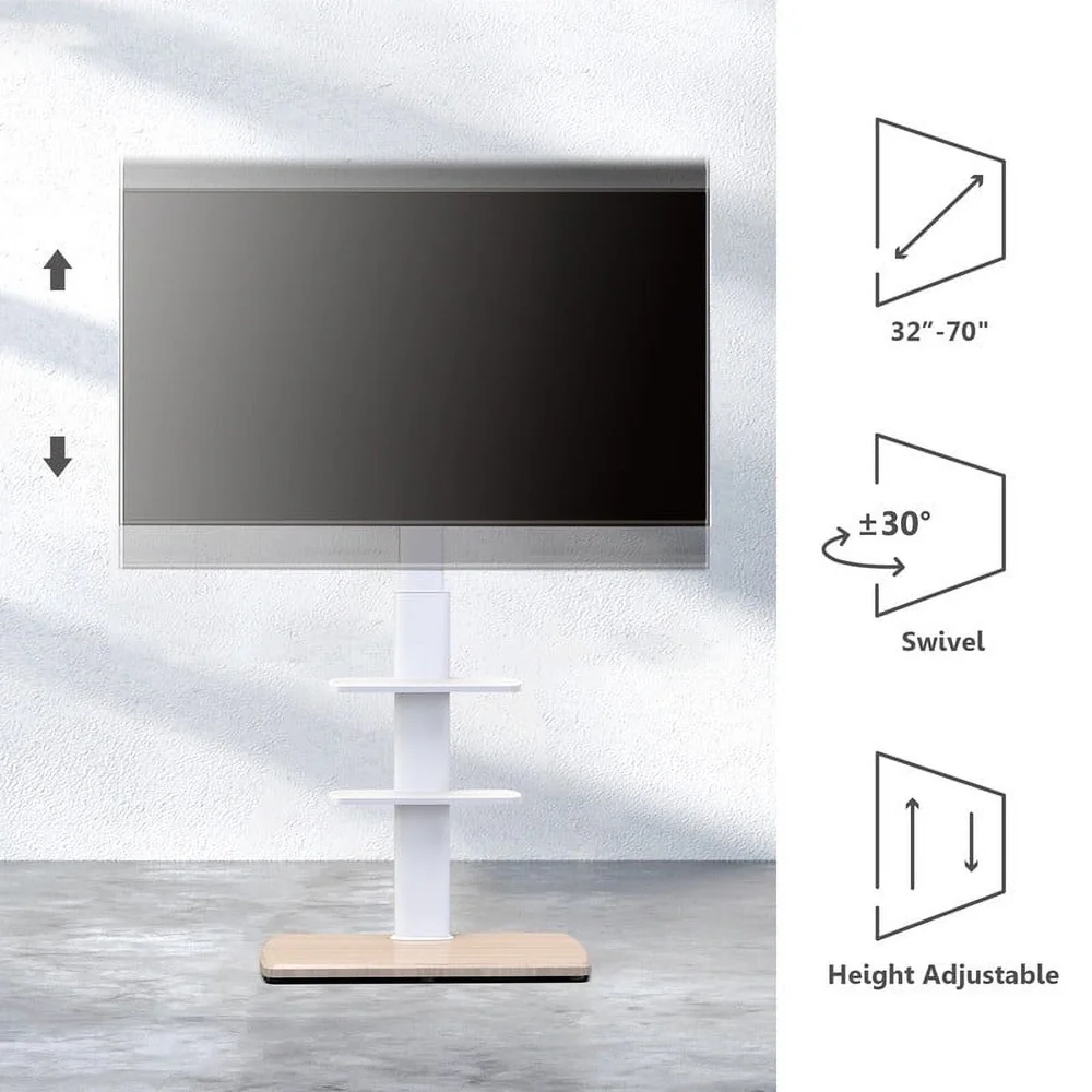 Sturdy Floor TV Stand 32-70 Inch TVs Adjustable Height Swivel Mount Holds 88lbs with Cable Management and Two Shelves