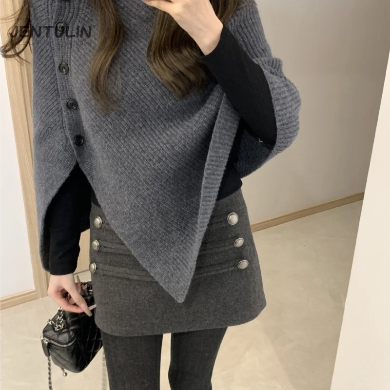 

Double Breasted Woolen Skirt Women Slim Fit A-Line Skirt Design Trendy Short Skirt Prevents Exposure Suitable Pear-shaped Figure