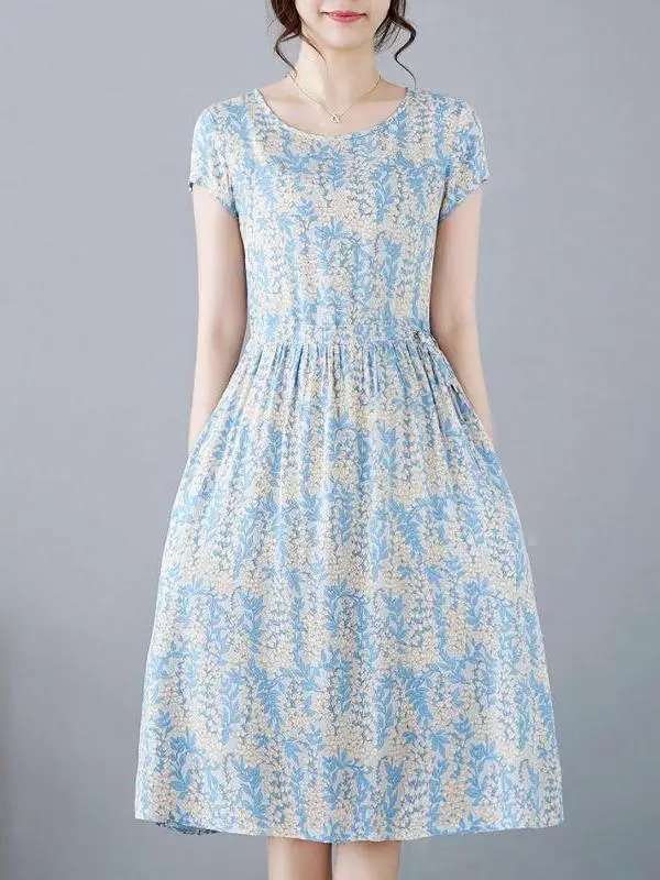 夏の新作レディースコットンシルク半袖ワンピース、ウエストシェイプベルト付き、膝上丈ミディ、花柄プリント、エレガントな襟ピン付き