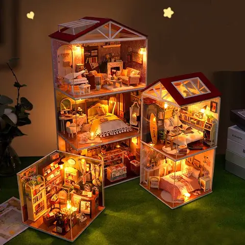 DIY Doll House Wooden Miniature Kit with Furniture Set Handmade Model Assembly Toy Case for Birthday Gifts