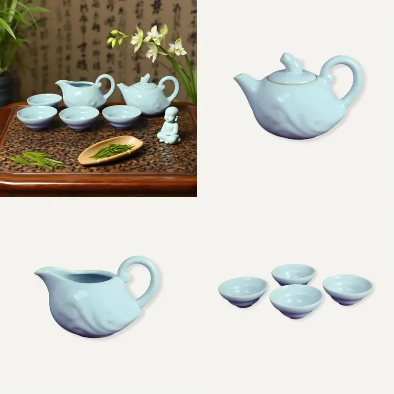 Luxury Ceramic Teacup Set Ru Kiln Celadon 6 Piece Teapot with Monkey Sculpture Cloud Relief for Tea Ceremony