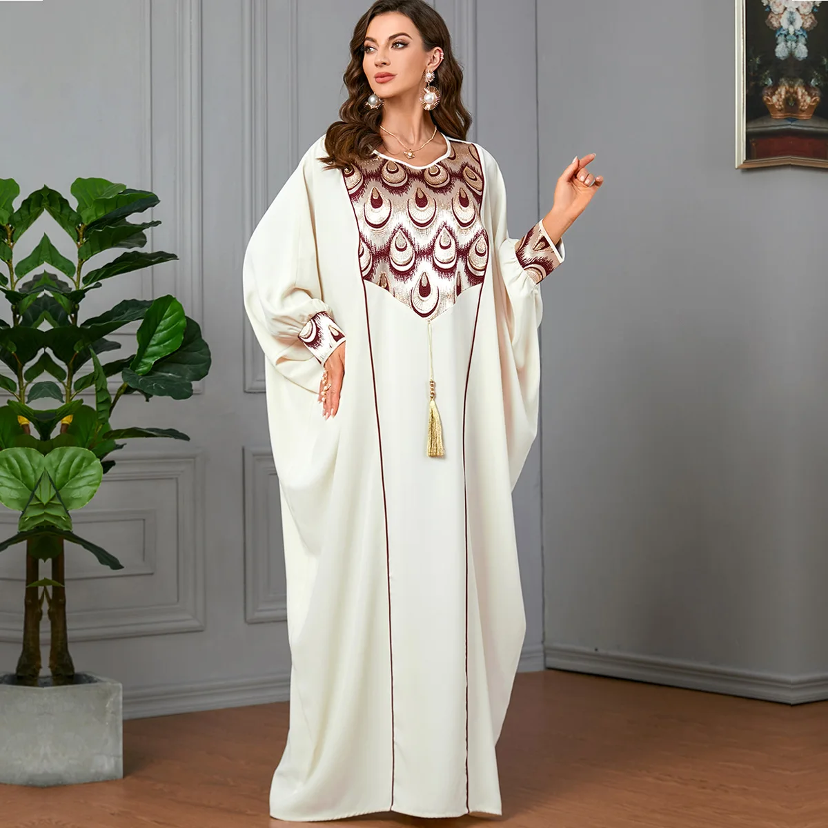 

Islamic Morocco Ramadan Saudi Arabian Robe Solid Color Pendant Spliced Jacquard Middle Eastern Large Bat Sleeves Women's Dress