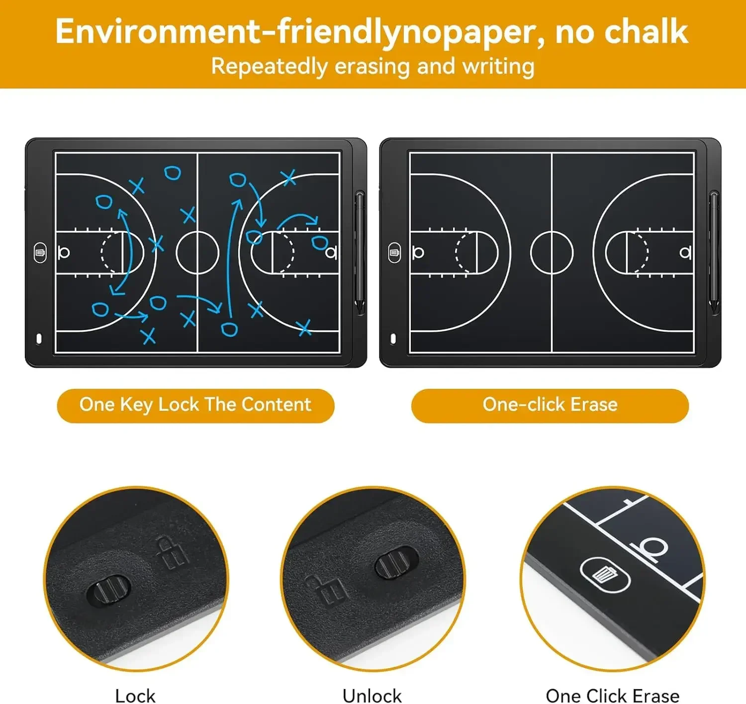 Electronic basketball coach board, digital strategic and tactical marker board, with large LCD display and stylus