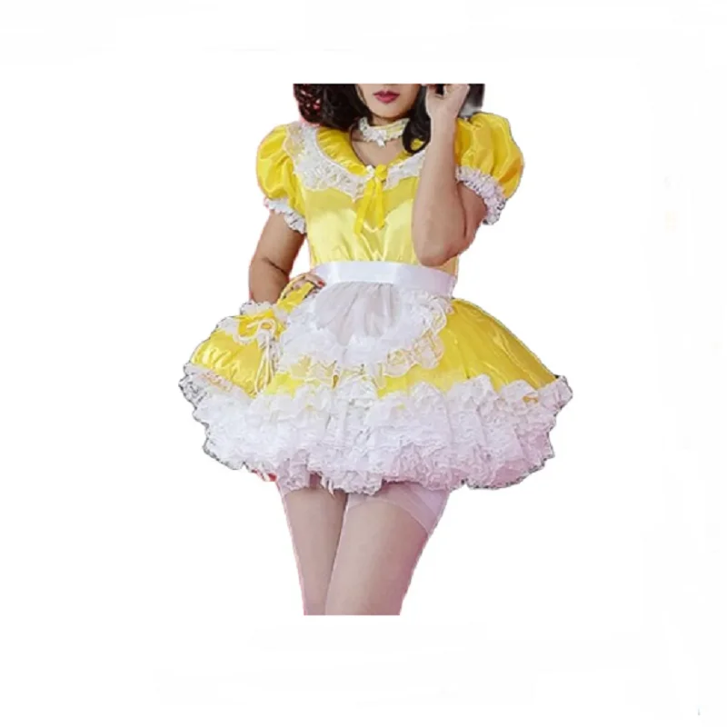 2023 Hot selling light yellow lapel sexy fluffy bubble sleeves Sissy Girl Maid princess skirt mini apron cosplay short skirt