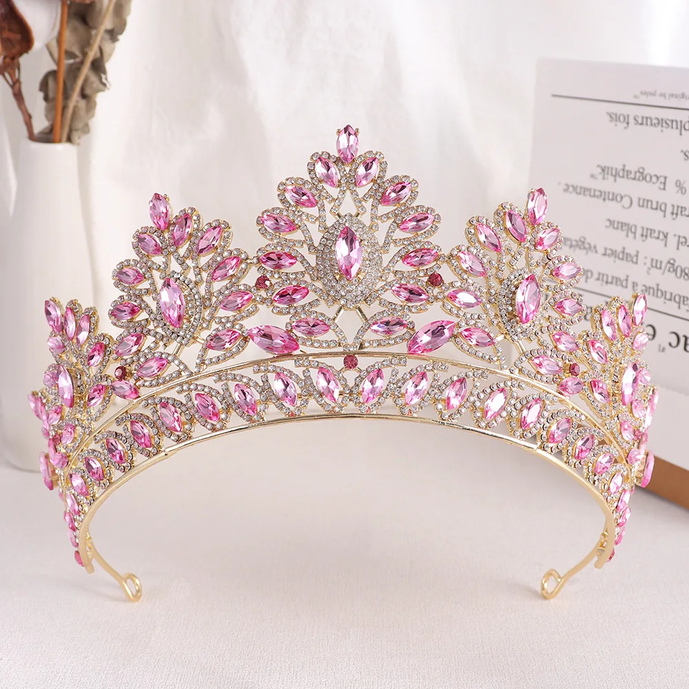 New Color Pink Rhinestone Diadems Exquisite Luxury Wedding Crown for Bride Rhinestone Crown for Wedding Hair Accessories