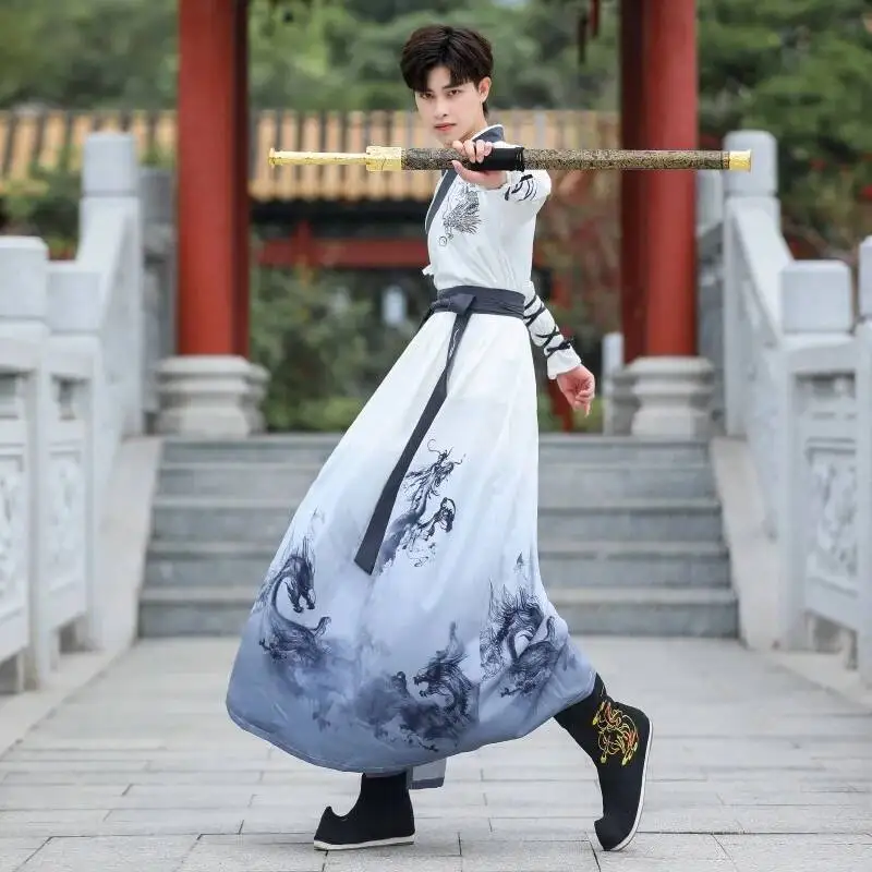 Hanfu hombres dragón chino bordado traje tradicional traje Cosplay estilo étnico Tang traje ropa de rendimiento blanco