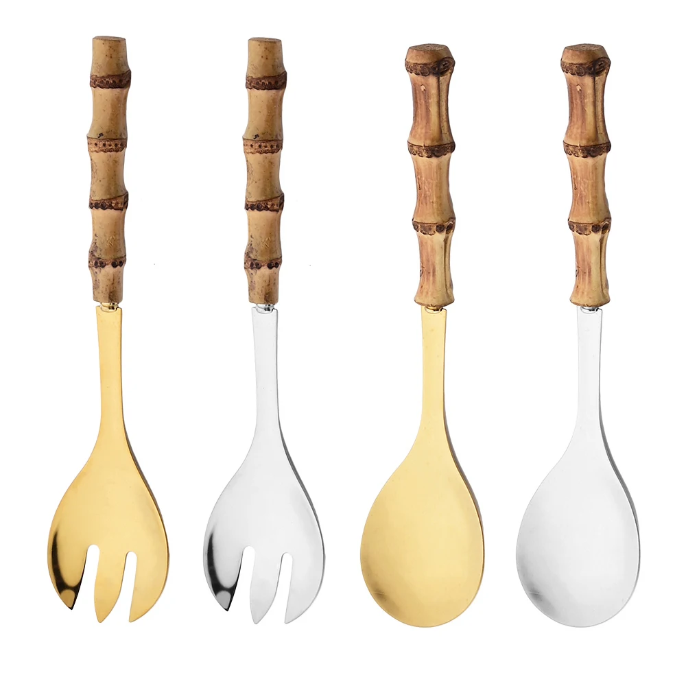 Wooden Handle Stainless Steel Salad Spoon Fork Long Handle Serving Spoon Bamboo Handle Large Spork Tableware Gold Silver Cutlery