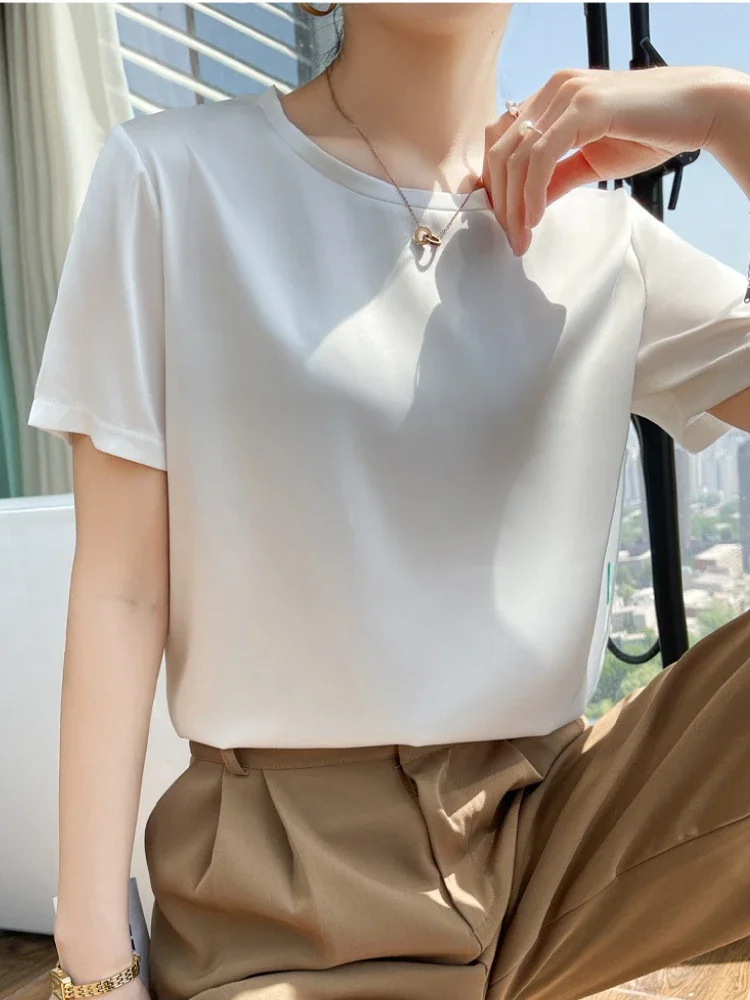 Summer T-shirts Woman O Neck Short Sleeves Tees Satin Klein Blue Champagne Solid Color Loose Women'soversized T Shirt Silk Tops