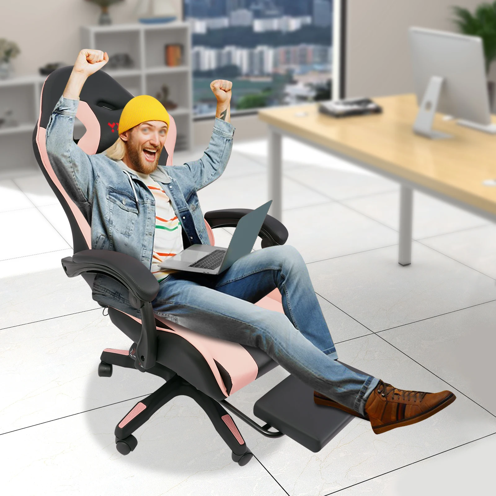 Adjustable Swivel Task Chair Bluetooth - Equipped Pink Gaming Chair with Comfortable Lumbar Support Pillow