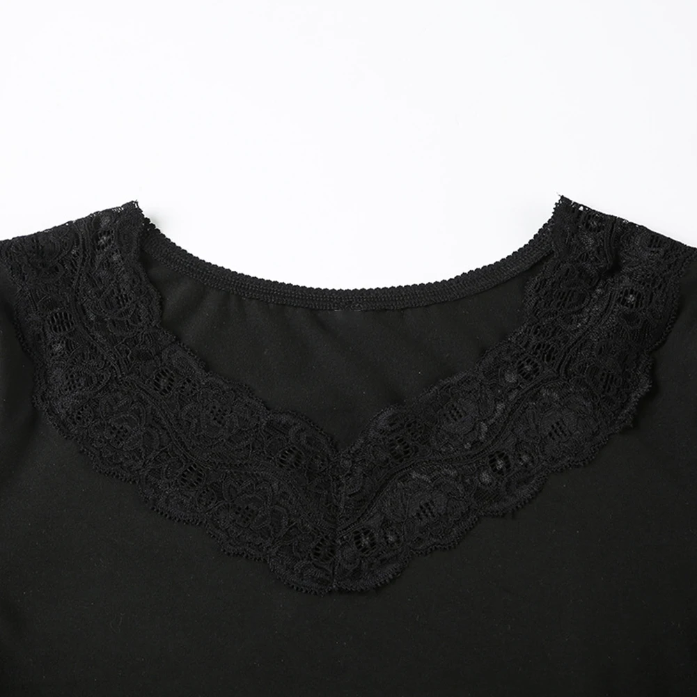 Abbigliamento a strati base Camicia casual da donna Top a maniche lunghe in pizzo nero Design elegante in pizzo Pezzo a strati versatile