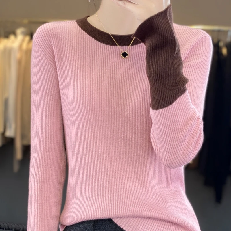 

100% pure wool autumn and winter new O-neck color matching pullover bottoming casual shirt cashmere women's knitted sweater