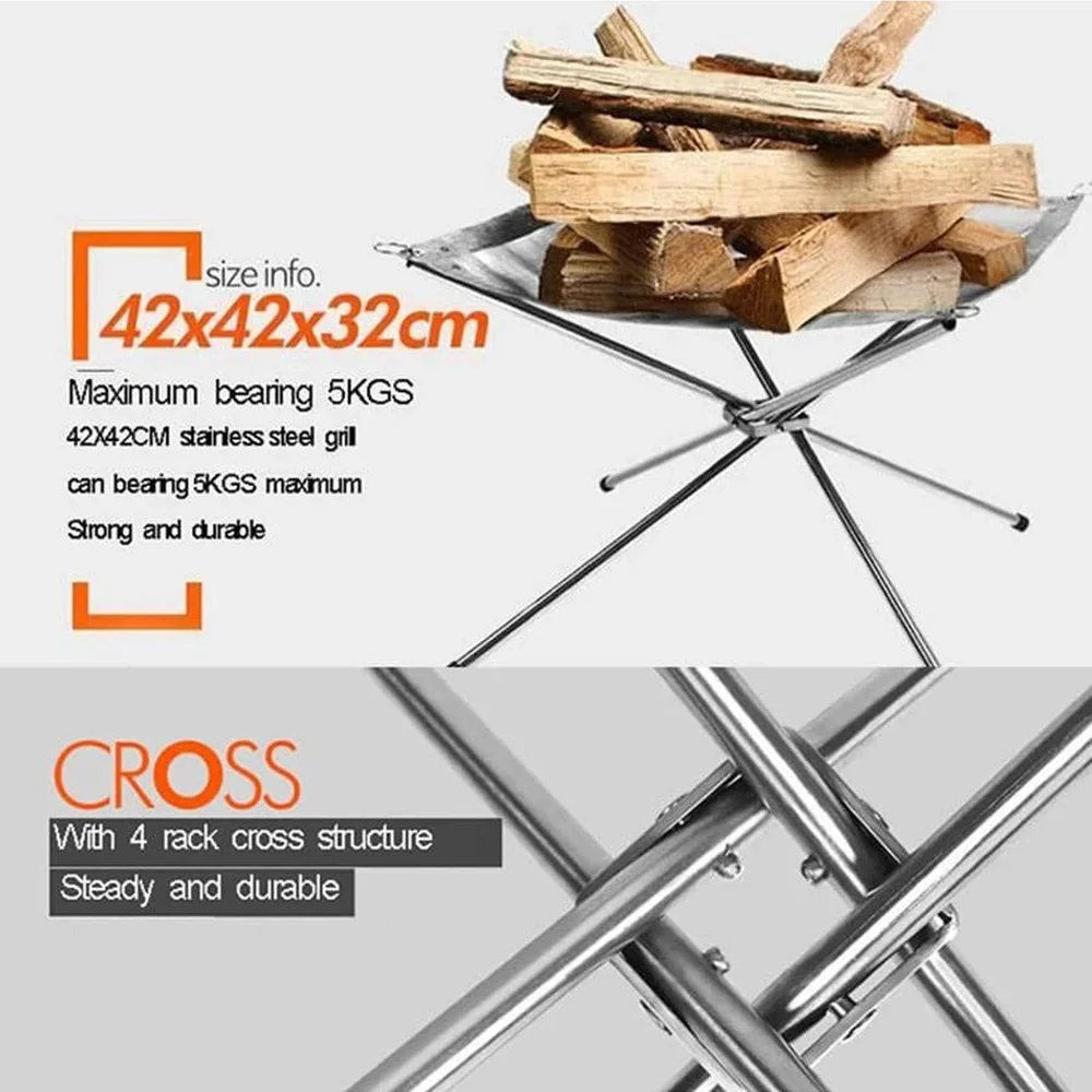 رف شواء محمول للشواء في الهواء الطلق، شواية حفرة نار للشواء، حامل موقد خشبي شبكي من الفولاذ المقاوم للصدأ، رف إطار حريق قابل للطي