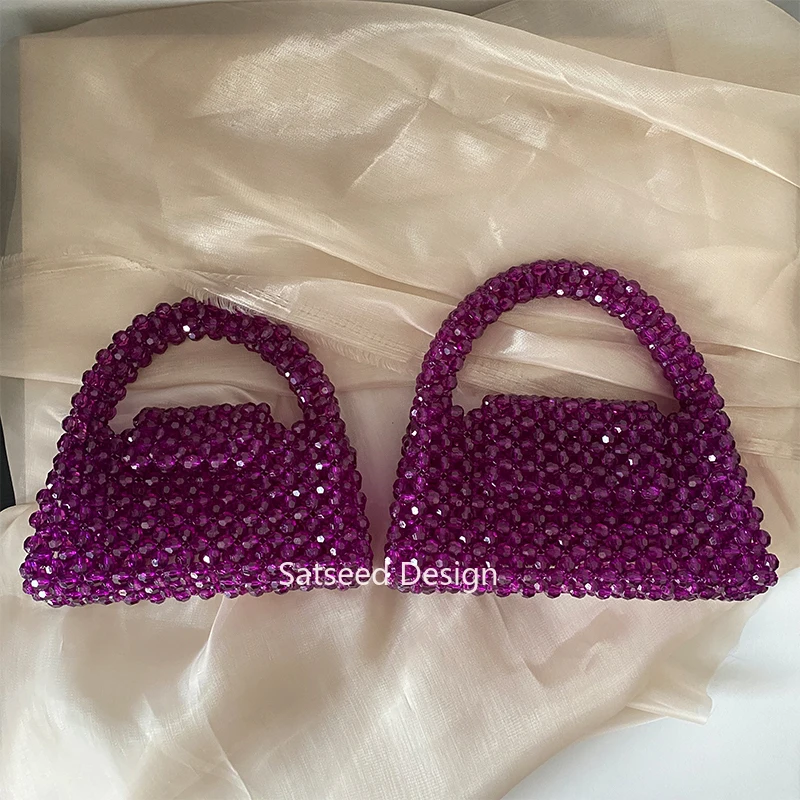 2Size Handbag Acrylic Beaded Solid Color Handmade with Customizable Colors Top-Handle Fashionable Design Women Party Banquet Bag