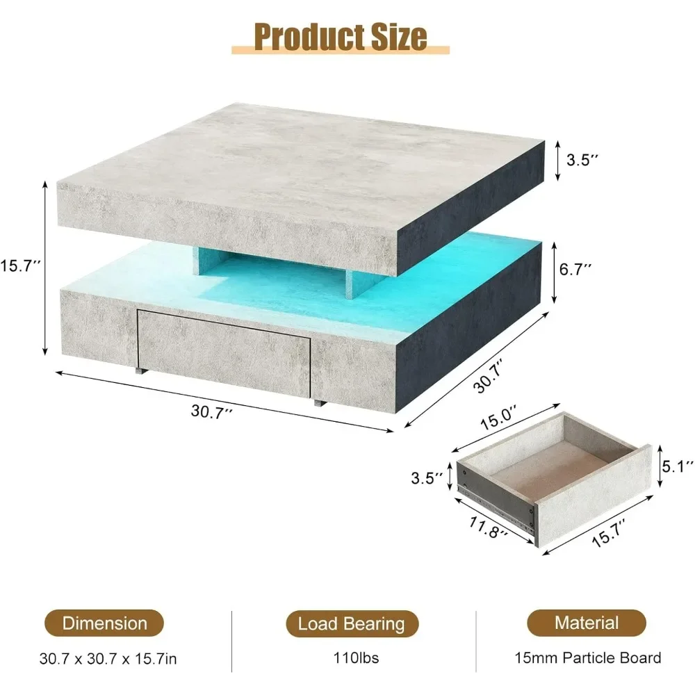 Mesa de centro LED cinza com gavetas de armazenamento, 2 mesas de chá, centro quadrado, mesa de cocktail média com luz, sala