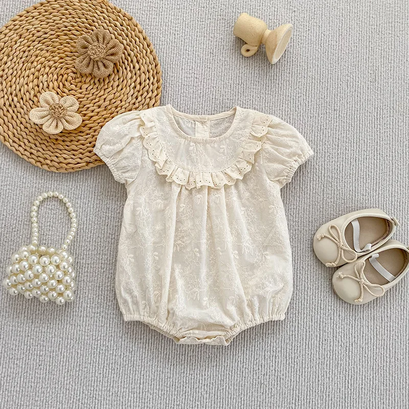Summer New Baby Girl Clothes Jumpsuits Short Sleeve Ruffle Collar Crawler Outfit Thin Infant Toddler Outgoing Suit Romper