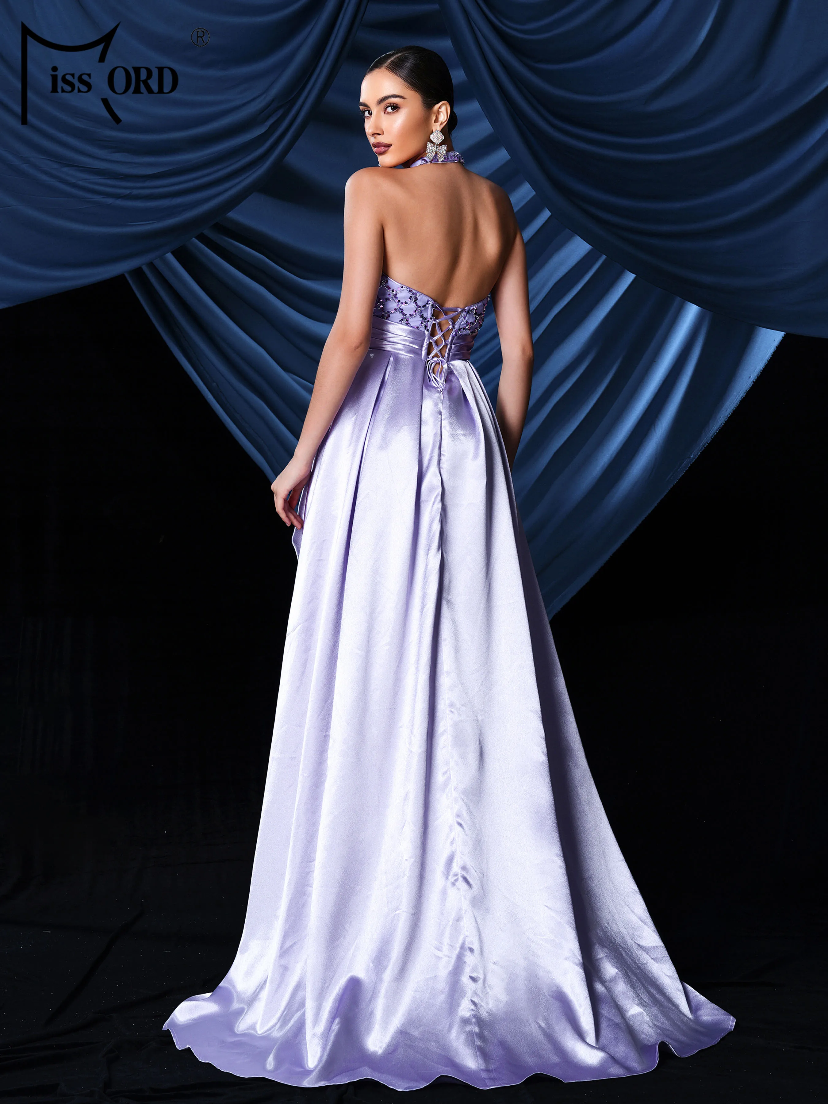 Missord 2024 New Halter V Neck Purple Backless Split Evening Gown Wedding Birthday Party Cocktail Floor Length Dress