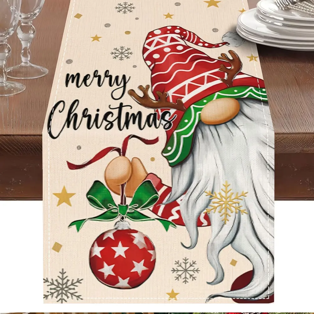 Linen Table Runner with Christmas Gnomes  Gifts on Cream Winter Holiday Table Decor  Family Gatherings