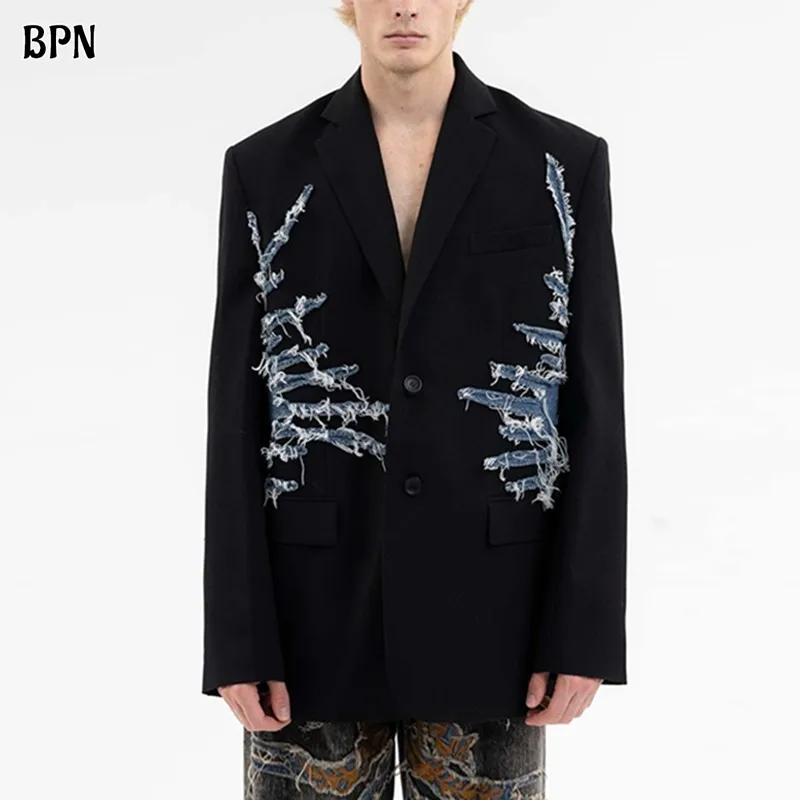 BPN Fashion Patchwork Denim Blazer For Women Notched Collar Lpng Sleeve Hit Color Spliced Single Breasted Vintage Blazer Female