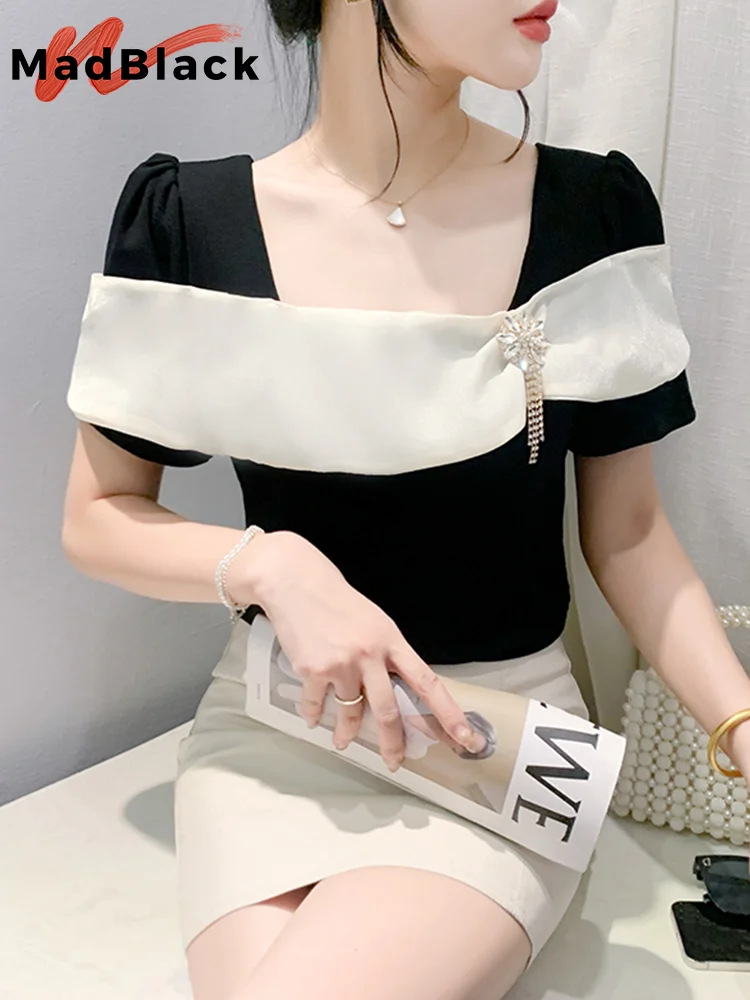 

MadBlack European Clothes Tshirts Women Sexy Ruffle Square Collar Slim Cotton Tops Short Sleeve Tee Summer New 2024 T443114JM