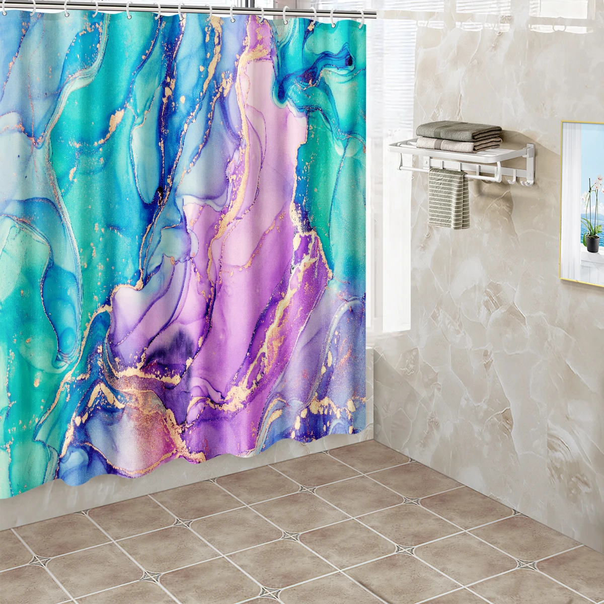 1pc Marble Pattern Shower Curtain Bathroom Partition Decorative Curtain Machine Washable Purple Texture Window Privacy Curtain