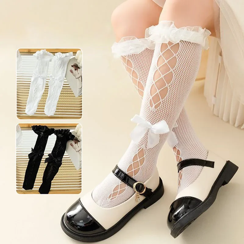 

Носки принцессы с бантом для девочек, ажурные гольфы с рюшами, детские кружевные дышащие длинные носки из тонкой сетки
