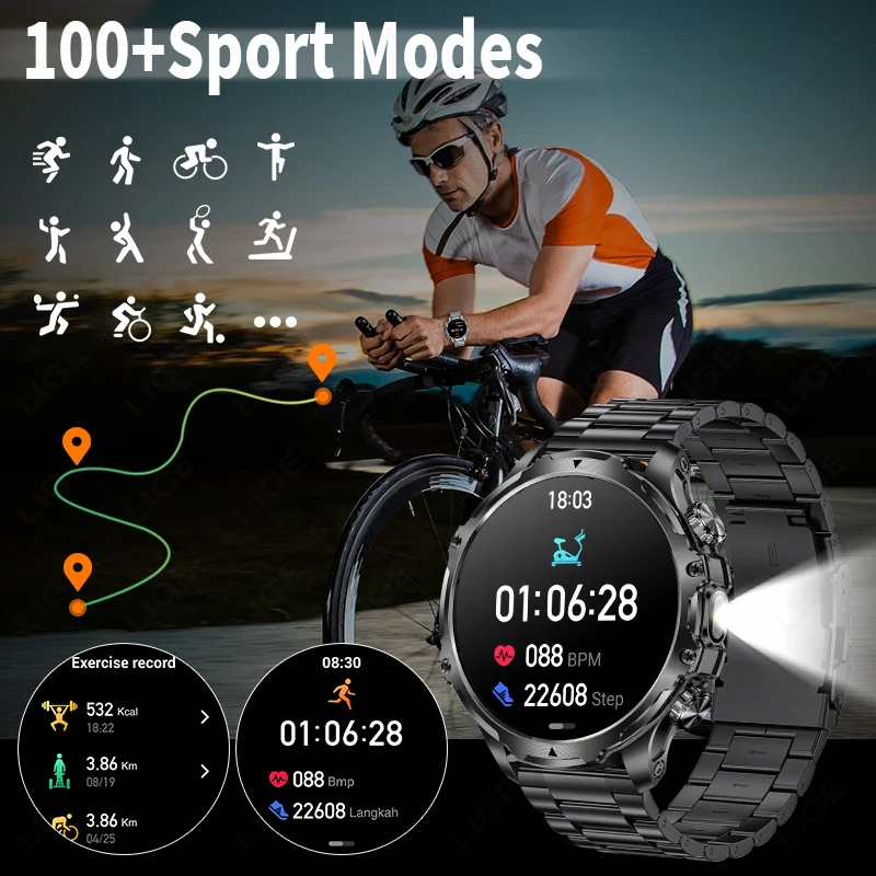 Фактическая емкость LIGE 700 мАч аккумулятор наружные спортивные часы Smart Watch LED фонарик 1.9 - дюймовый экран часы мужские умные часы Bluetooth телефон