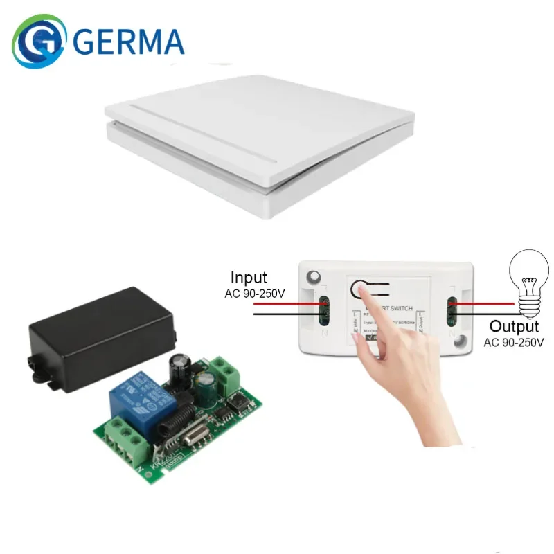 GERMA 433 MHz AC 85V 110V 220V 1 CH Wireless Remote Control Receiver Relay Switch Module + Wall Transmitter Wall remote Switch