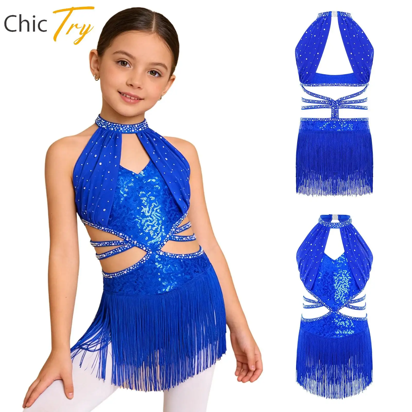 

Детский костюм для латиноамериканских танцев (ча-ча, самба, сальса) для девочек: безрукавный леотард с вырезами, бретелями на талии, бахромой, стразами и пайетками