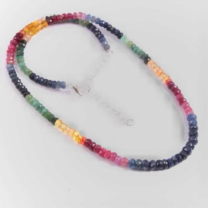 

Natural Multi Sapphire Necklace 2-4mm Faceted Beads Inch Handmade Jewelry
