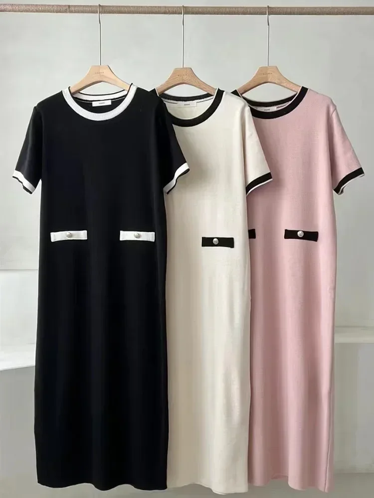 New Elegant French Style Knit Dress Women O-neck Contrast Color Short Sleeve Casual Midi Long Dresses Korean Fashion Vestidos