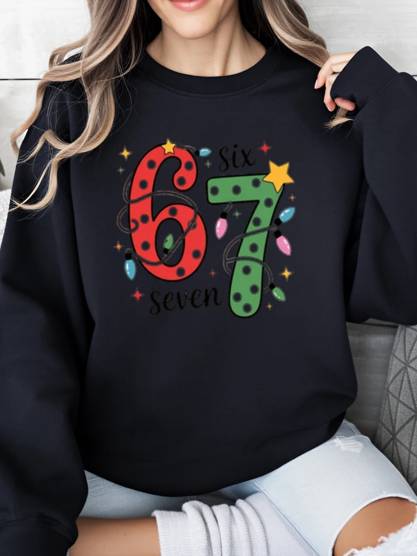 

Рождественские огни 67, толстовка с принтом Six Seven, женская праздничная вечеринка, повседневная одежда, черный, больших размеров