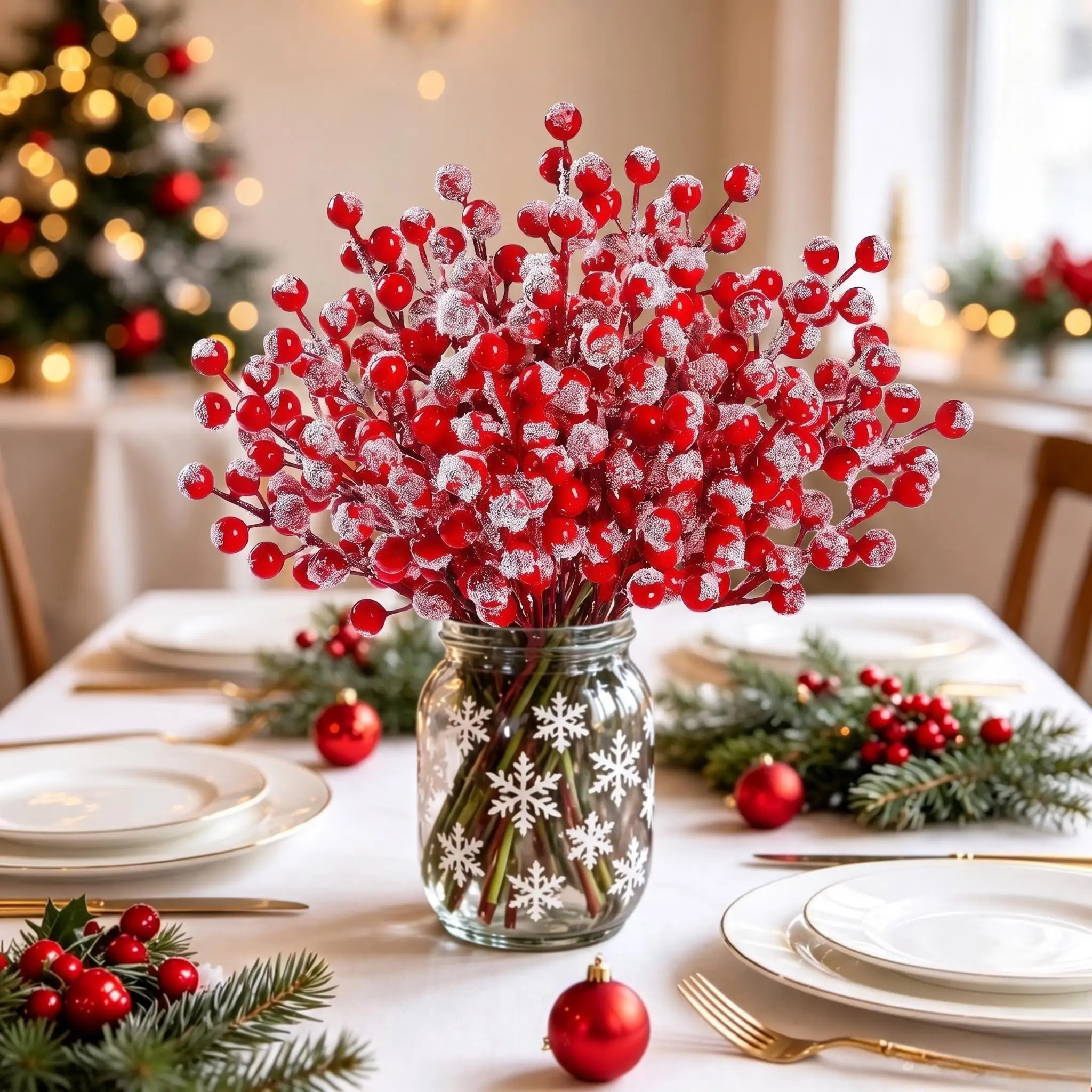 26pcs Christmas Tree Decoration Set, Christmas Snow Red Spray Berry Branches, Artificial Red Berry Stems, Living Room Decoration