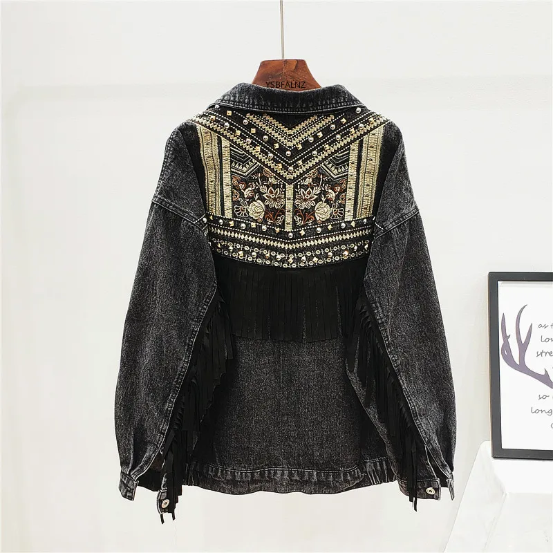 

Denim Jacket Korean Floral Embroidery Suede Fringe Loose Chaquetas Mujer Coat Long Sleeve Outerwear Women Veste Femme