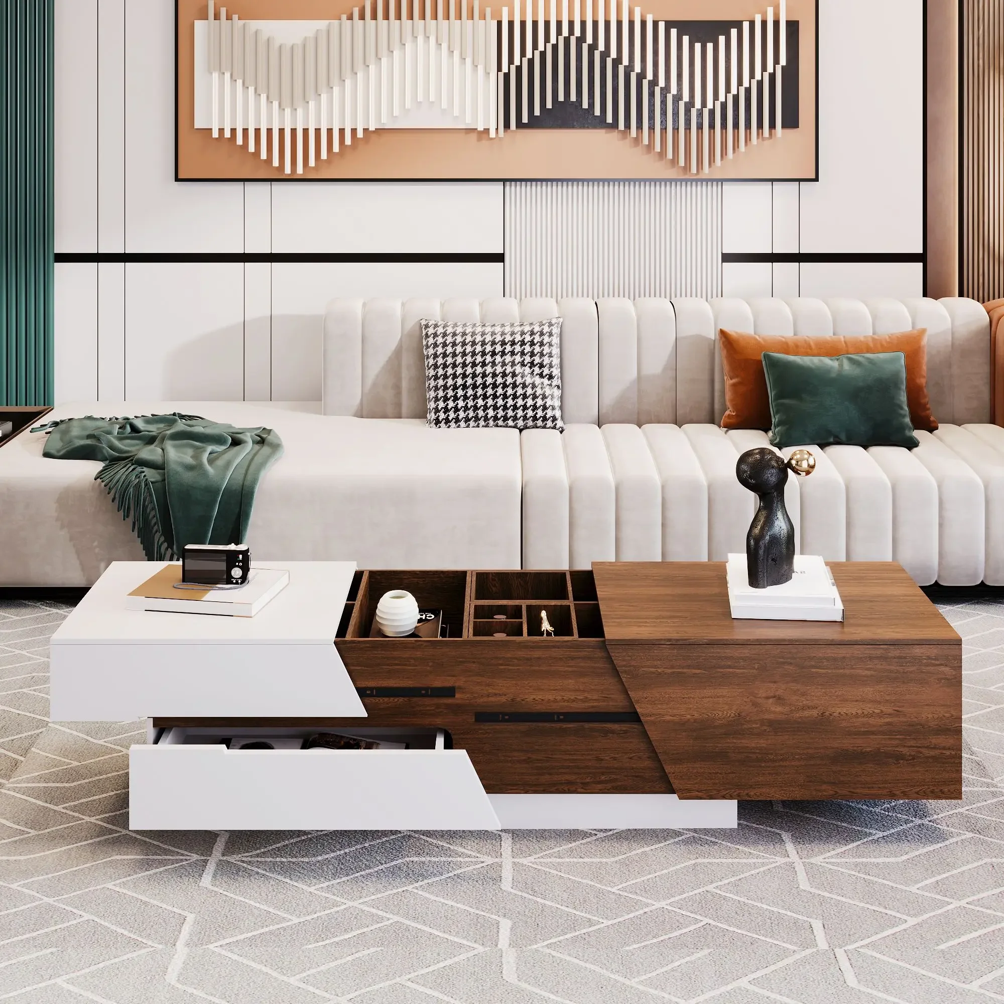 Modern Extendable Sliding Top Coffee Table with Storage in White&Walnut ,Versatile Functionality,Café Tables