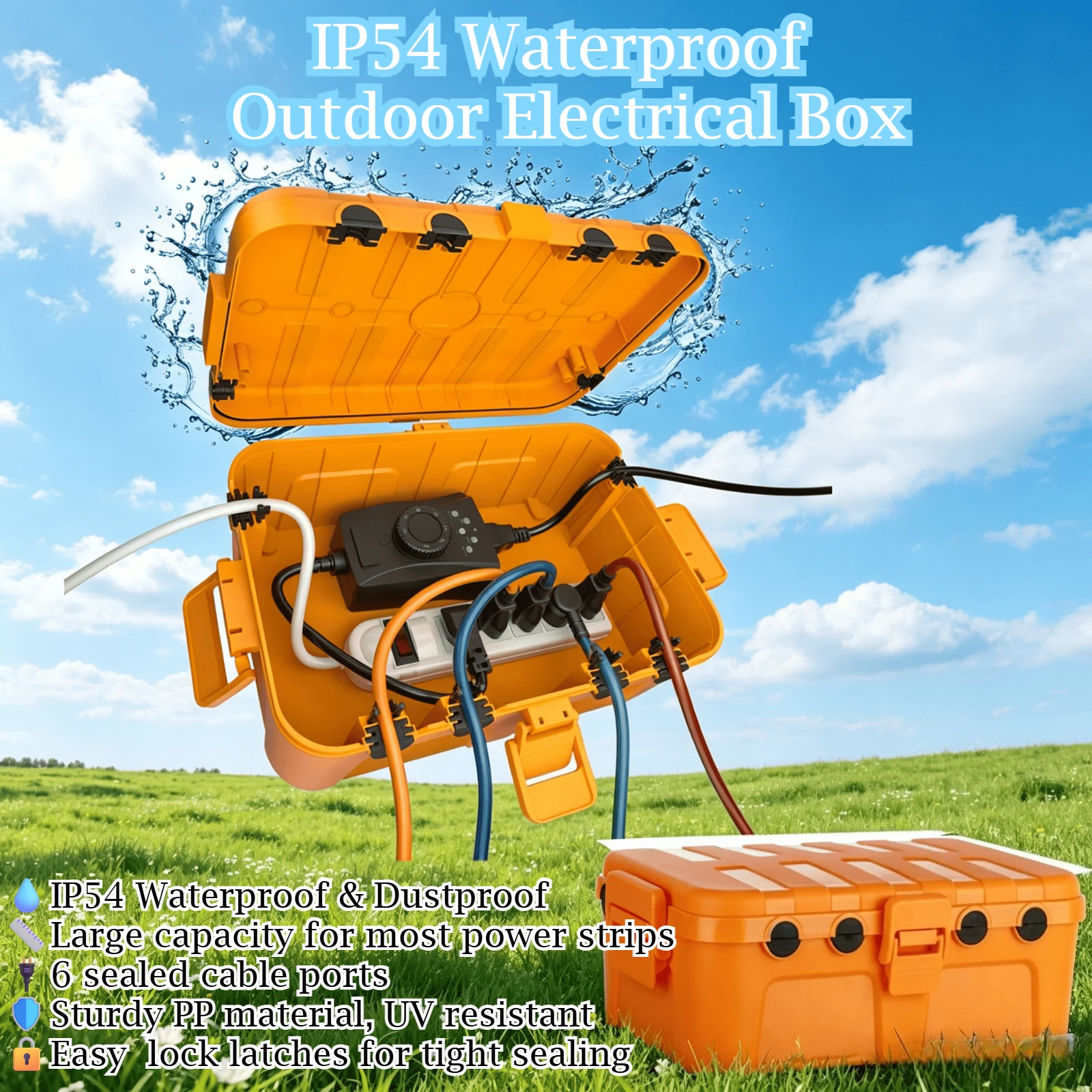 Large Outdoor Waterproof Electrical Box IP54 Weatherproof Junction Box with 6 Cable Ports for Garden Light Pool Pump Power Strip